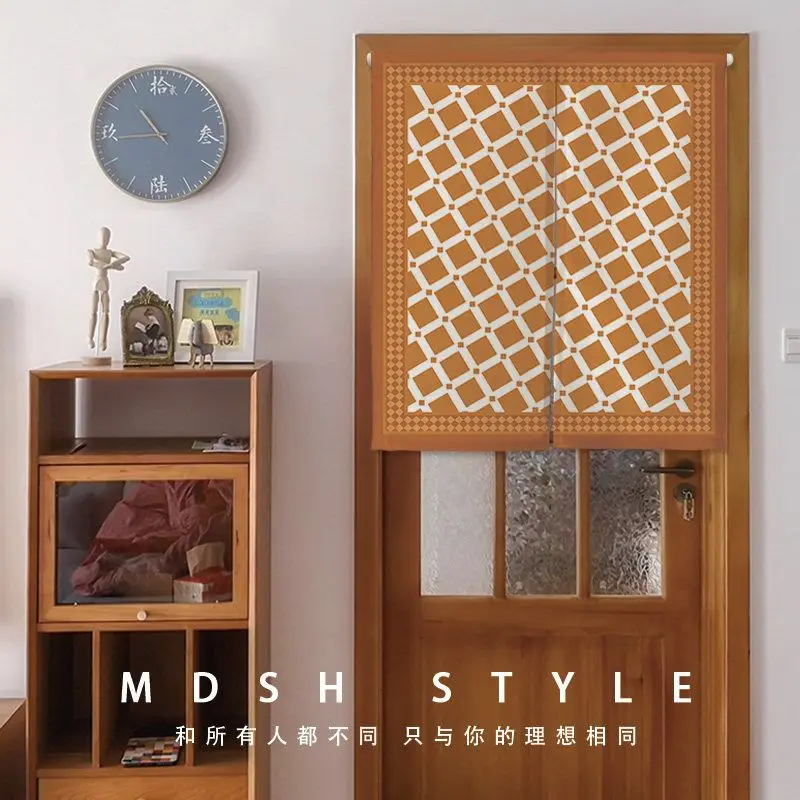 VIKAMA Vintage Caramel Rhombus Lattice Noren Split Door Curtain Room Divider Privacy Curtain for Entryway Bedroom Home Decor