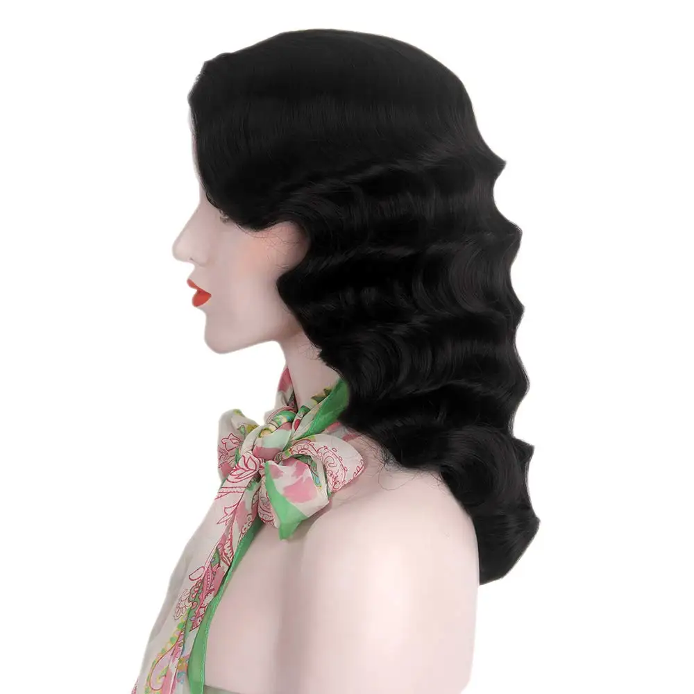 Parrucche con onde delle dita 1920s capelli sintetici castani ricci lunghi retrò per le donne Cosplay Costume da festa di Halloween (nero)