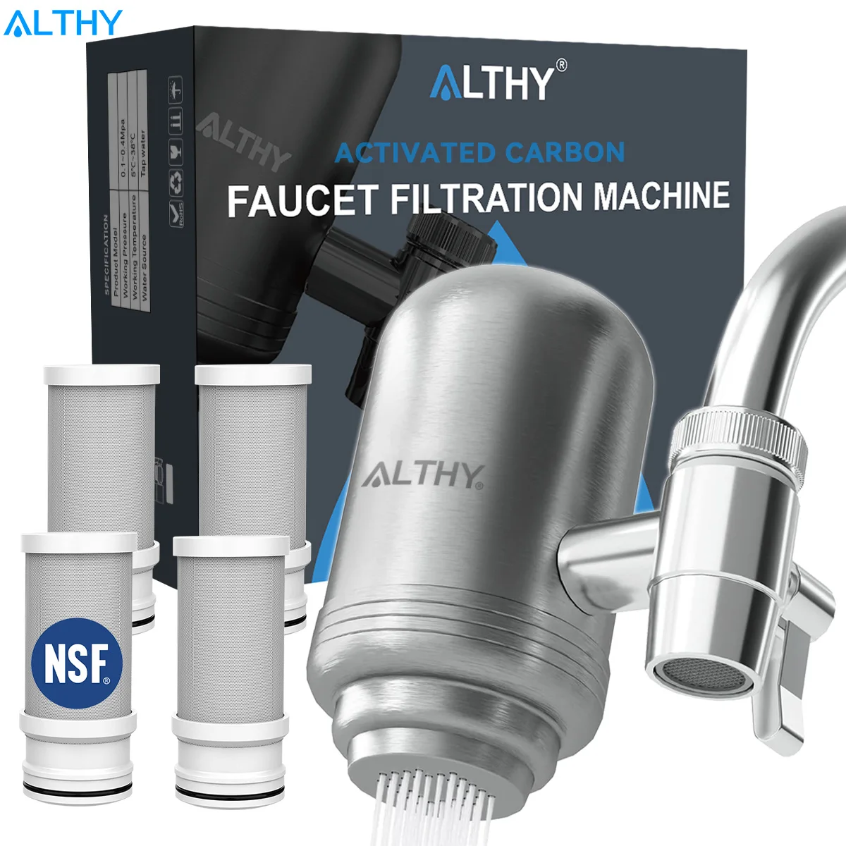 ALTHY Stainless Steel Faucet Tap Water Filter Purifier System, NSF Certified Reduces Lead, Chlorine & Bad Taste Kitchen
