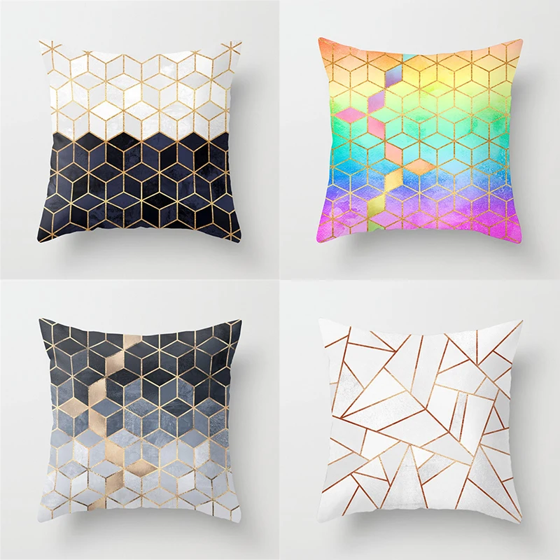 Colorful stitching geometric plaid cushion printed pillowcase Square gold lines sofa  simple home decoration