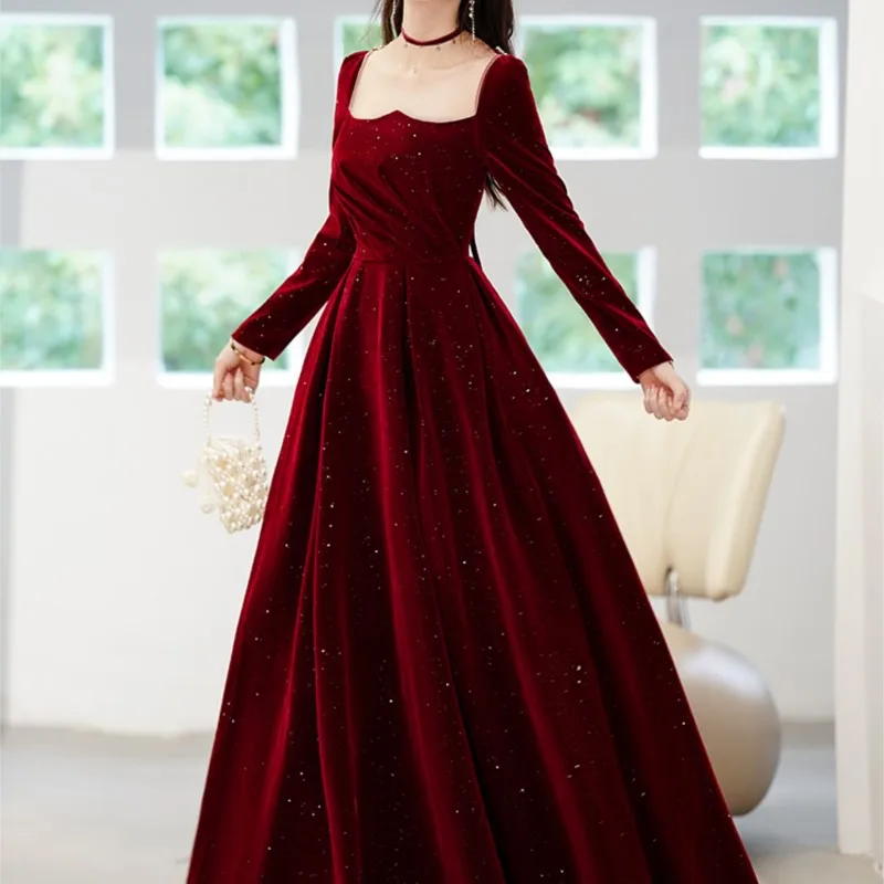 Toasting wine red long sleeve velvet back atmospheric dress