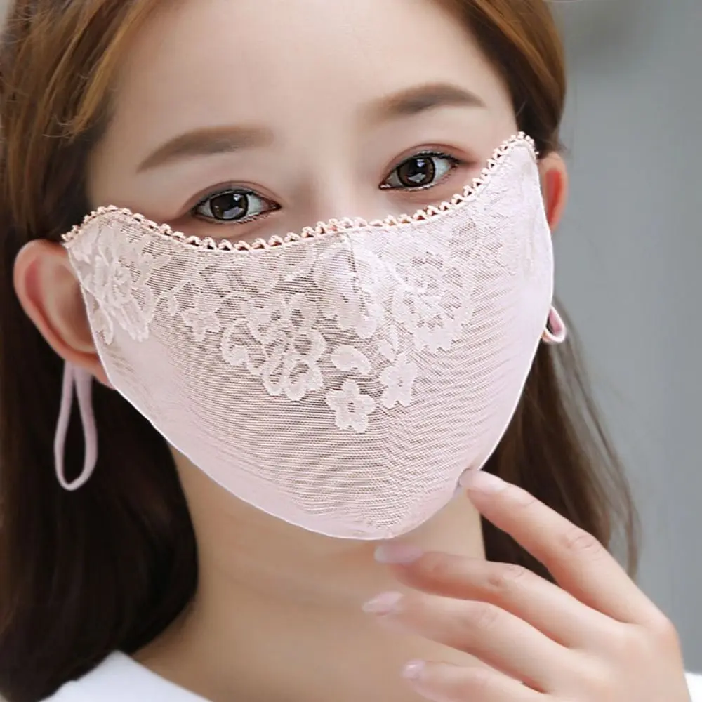 

Thin Solid Color Sunscreen Lace Mask Hanging Ear Flower Sunscreen Face Cover UV Protection Sunshade UV Protection Mask Cycling