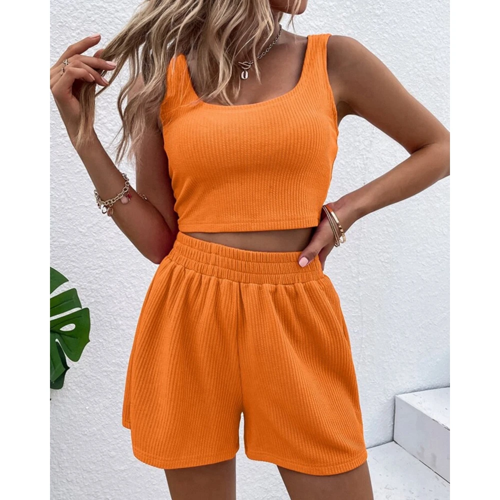 Women's Knitted Ribbed Sleeveless U-Neck Cami Top and Shorts Set Casual Suit Summer Outfits Homewear Lounge 2 Pieces