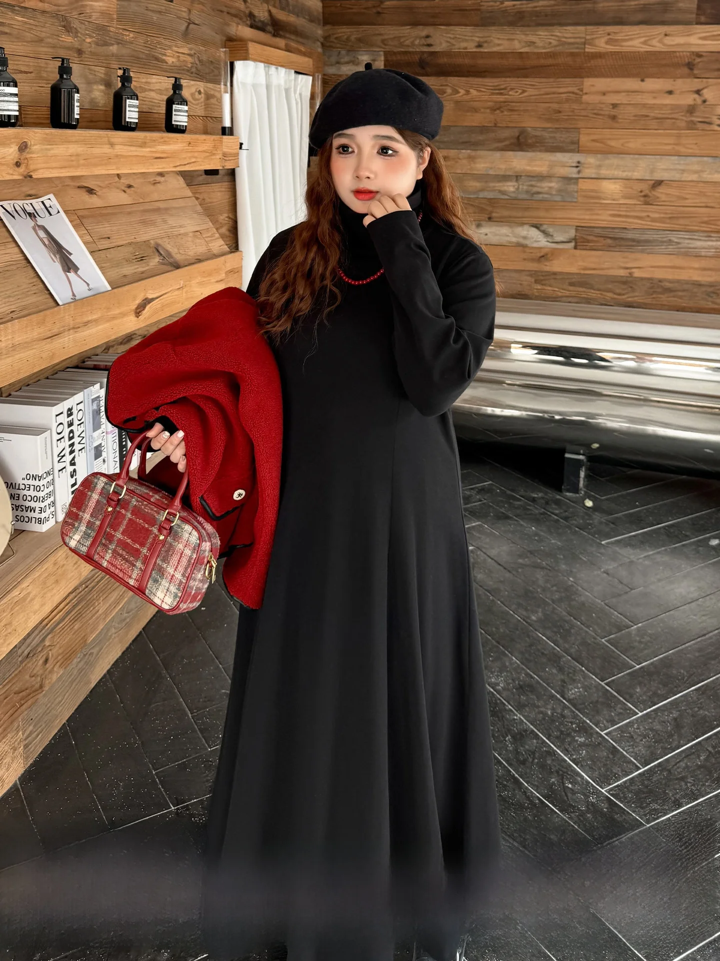 

plus Size Korean Sle High Ne Long Sve Fce Loose Base Long Dr Spring Season Women's Faion Casual Dr