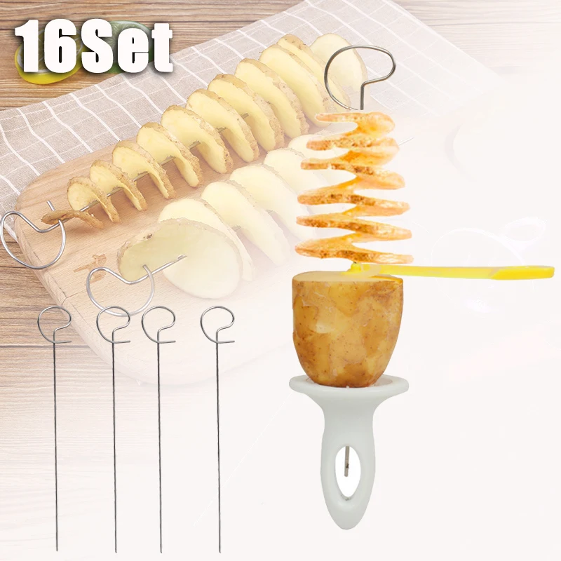 16Set Stainless Steel Rotary Potato Slicer BBQ Potato Tart Slicer Vegetable Spiral Slicer Portable Potato Slicer Kitchen Tools