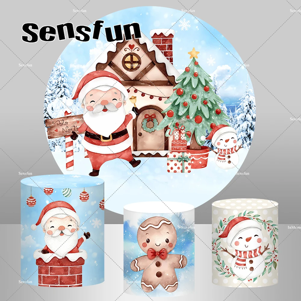 Cartoon Santa Claus Christmas Round Backdrop Cover Outdoor White Snow Xmas Tree Elk Carriage Background Gift Pedestal Covers