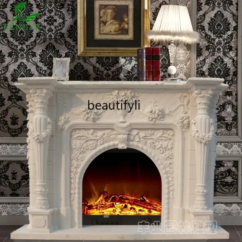 a95  Marble white marble fireplace European carved mantel TV background wall decoration