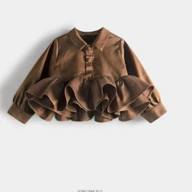 Girls French Vintage Stand Collar Shirt Spring Autumn Children Elegant Blouse Pure Cotton Breathable Long Sleeve Top