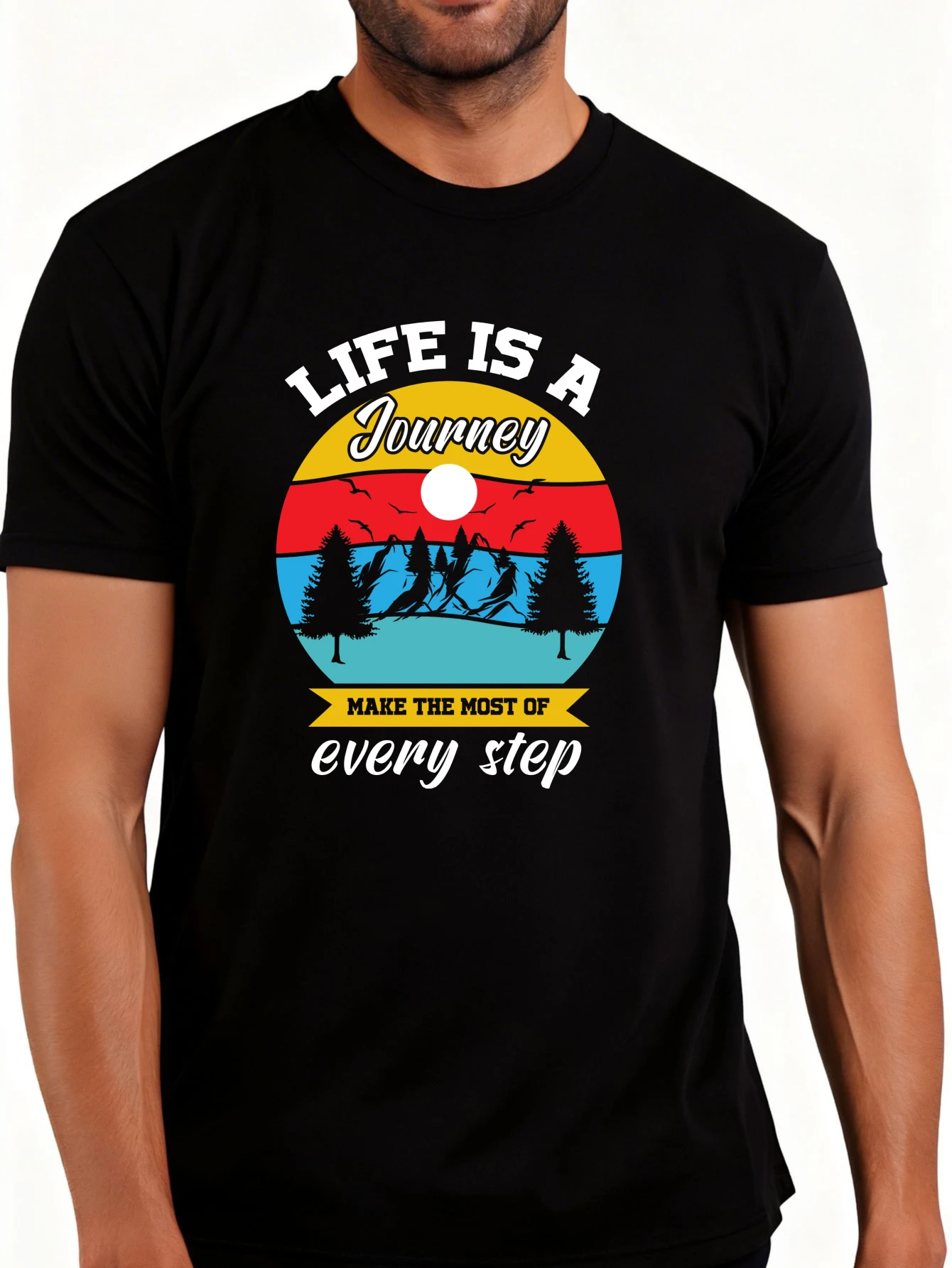 Men's Plain Graphic T-Shirt - Breathable, Soft, Lightweight - Life Is a Journey, Cherish Every Step - Vintage Fun Graphic Casual Short Sleeve Summer Top, Gift for Him