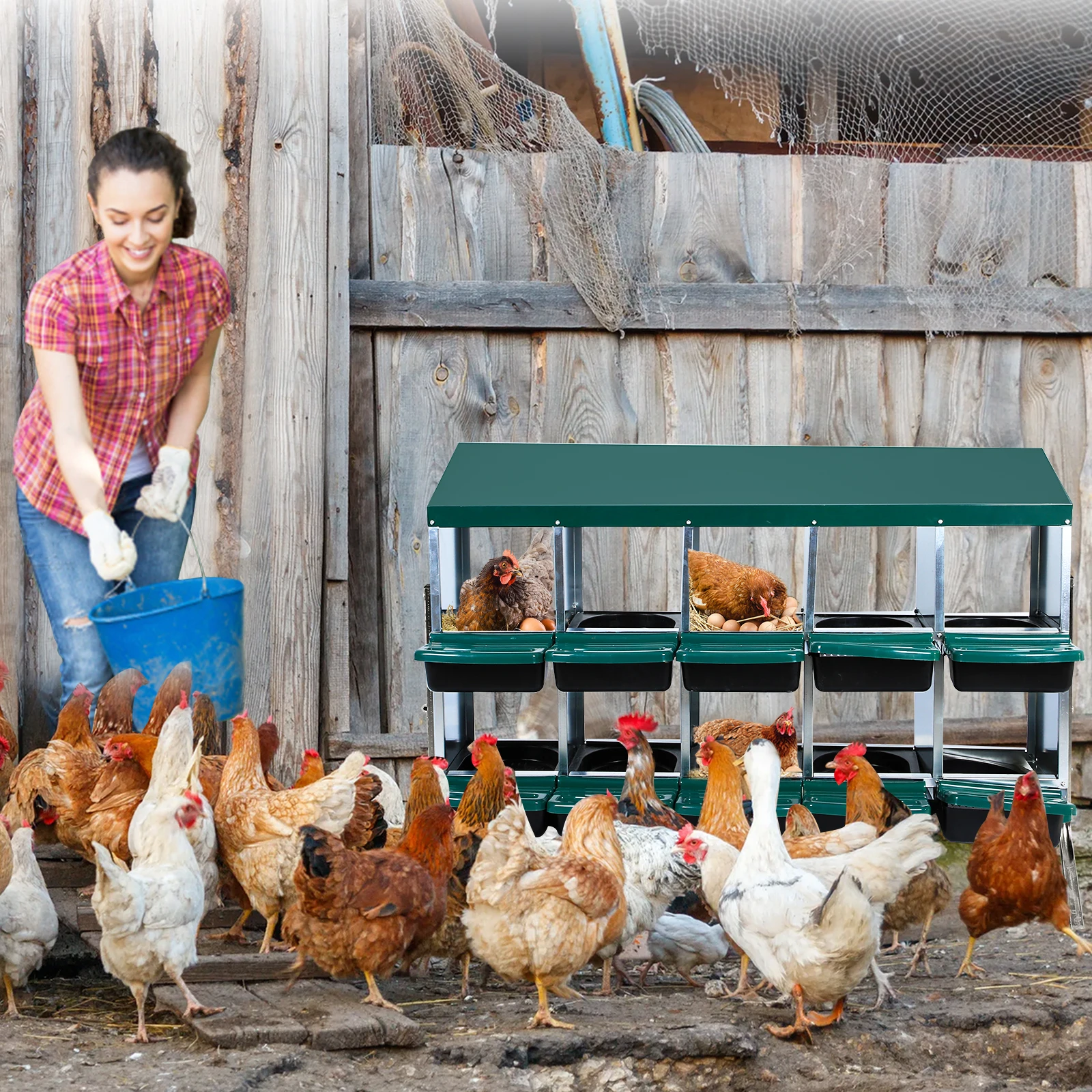 10-Compartment Chicken Nesting Box, Galvanized Steel Roll Away Egg Laying Box with Stand Legs, Wall Mount/Freestanding for Chicken Coop, Green