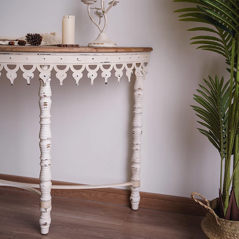 طاولة المدخل الفنية الفرنسية الرجعية: جدار شبه دائري - ضد التصميم، أثاث شقة من الخشب الصلب والحديد المطاوع #4