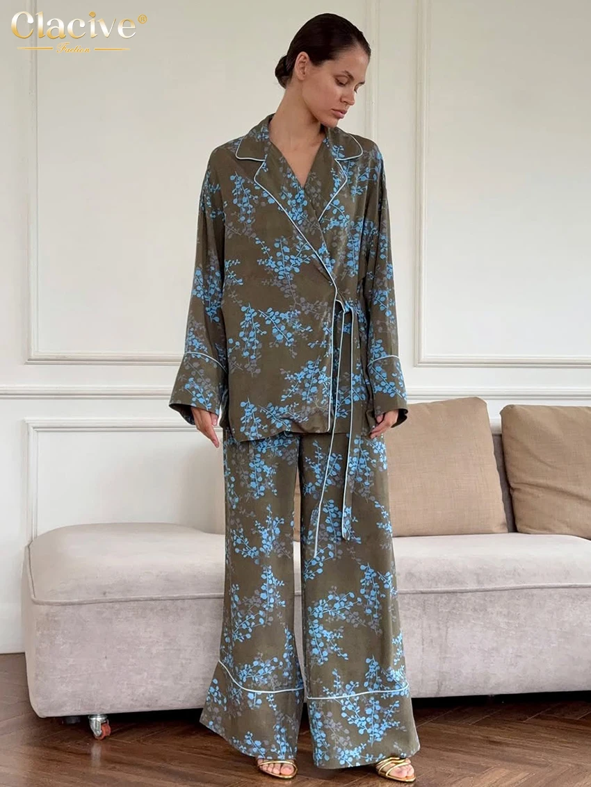 

Clacive Fashion Loose Print 2 Piece Set Women 2025 Elegant Long Sleeve Robes With High Waist Wide Pants Set Female Clothing