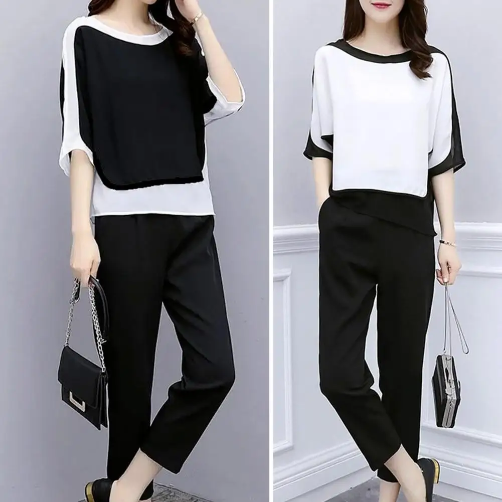 2Pcs/Set O-Neck Batwing Half Sleeve Casual Outfit Mid-rise Pockets Top Pants Set Patchwork Color Tee Top Straight Leg Pants