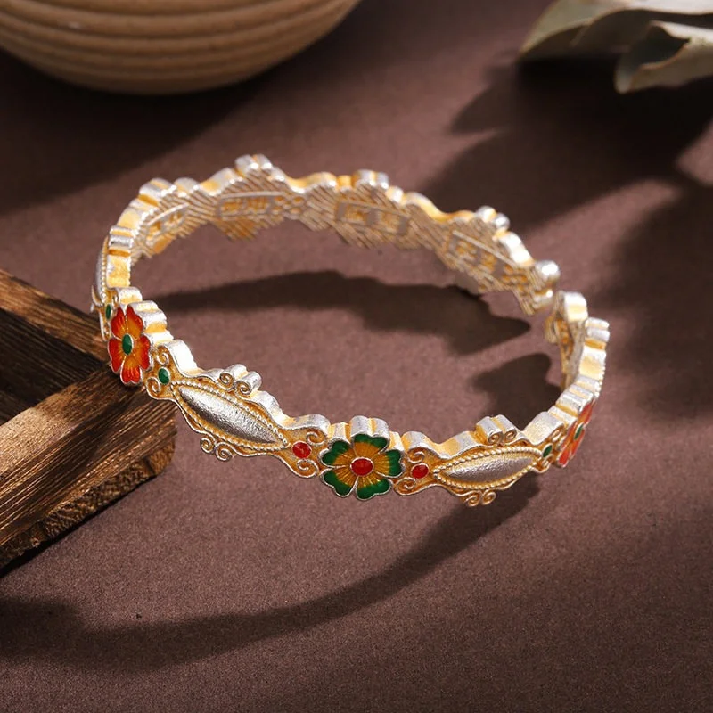 

Браслет из стерлингового серебра S999 для женщин, с золотой эмалью в виде цветка бегонии, винтажный открытый браслет в китайском дворцовом стиле, роскошный подарок