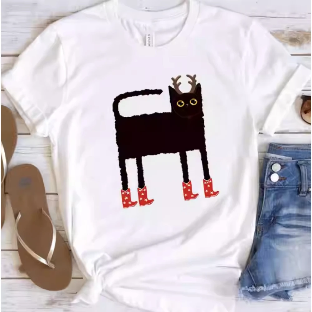 

2025 New Style Unisex Personalized Christmas T-shirts,black Cat Printed T-shirts, Christmas Party Style Clothing Casual Wear