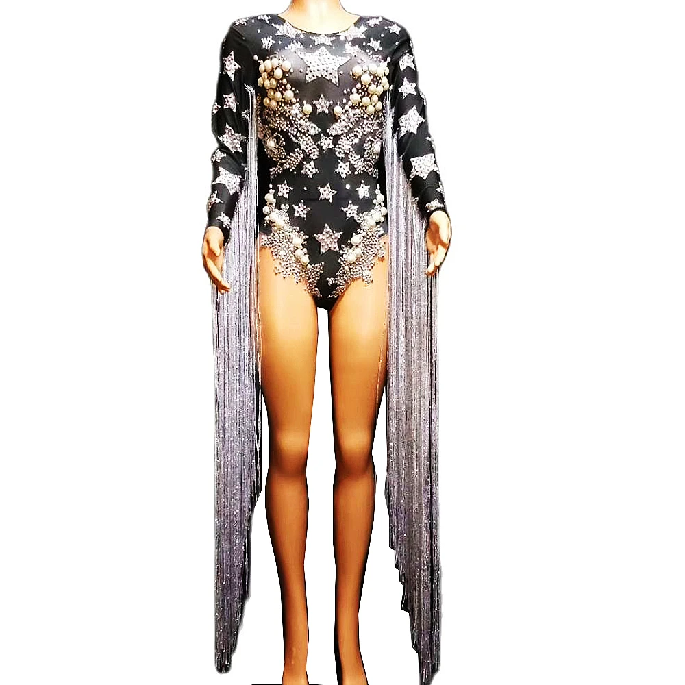 Black Shining คริสตัล Sparkly Rhinestones ยาวพู่ไข่มุกเซ็กซี่ Bodysuits สำหรับผู้หญิงปาร์ตี้ Carnival ผ้าเครื่องแต่งกาย