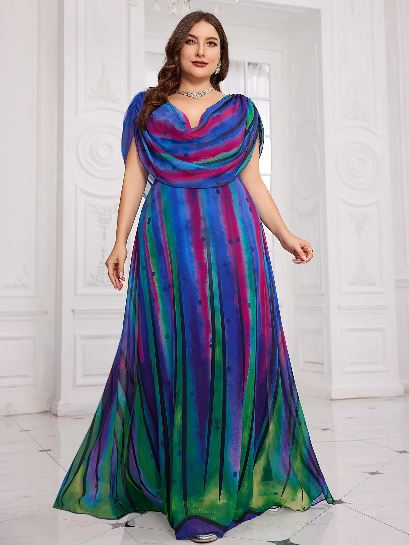 

UNITHORSE Plus Size [Random Cut Flower Code Watercolor] Draped Neck Digital Watercolor With Small Dots Elegant Chiffon Dress