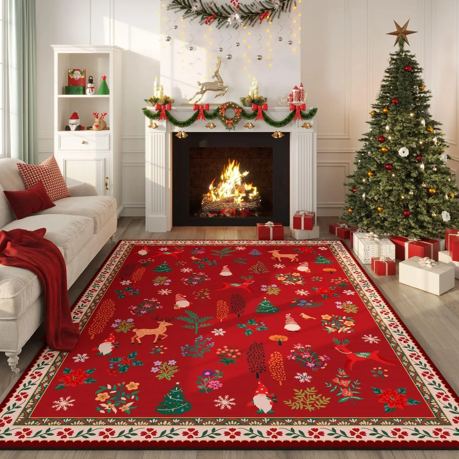 Christmas Print Rugs Vintage Soft Area Carpet Modern Red Bedroom Home Rugs Bedside Office Dining Room Washable  for Living Room