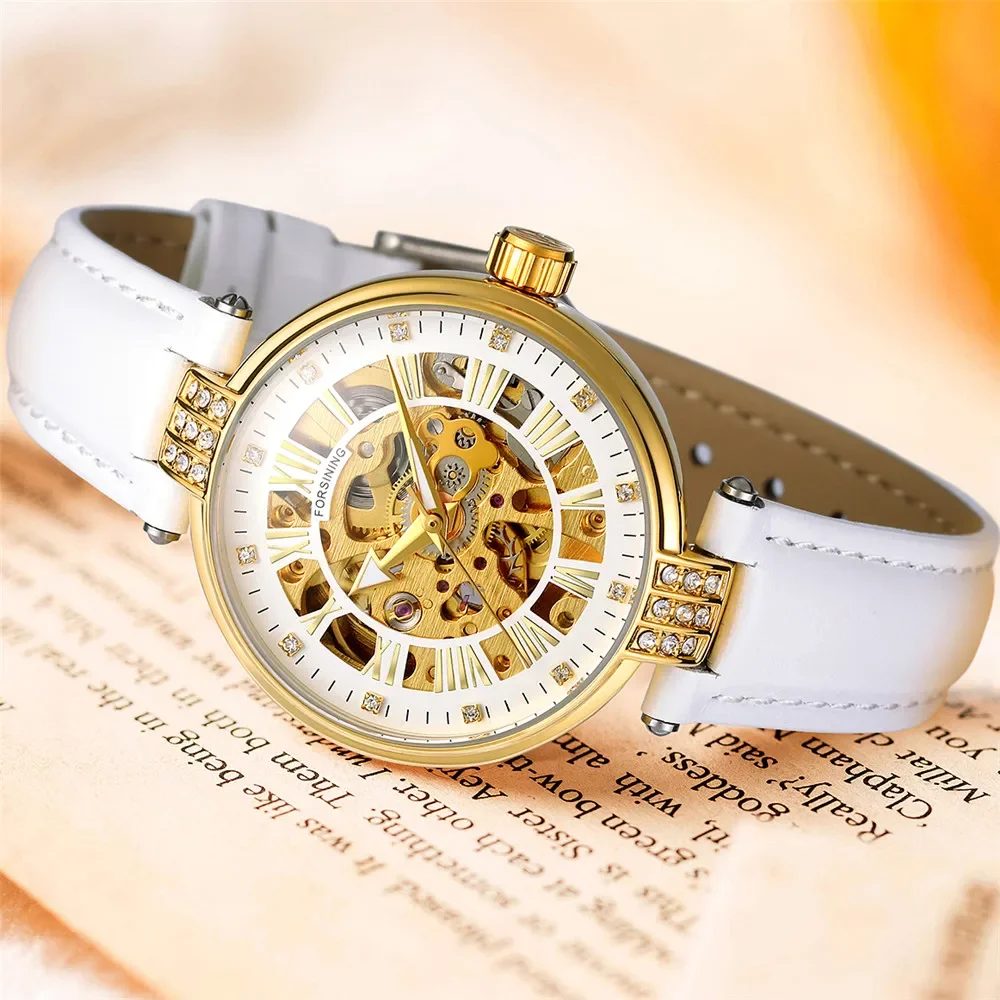 Forsining White Skeleton Automatic Mechanical Women Watch Luxury Brand Lady Wrist Watch Fashion Leather Strap Clock Reloj Mujer