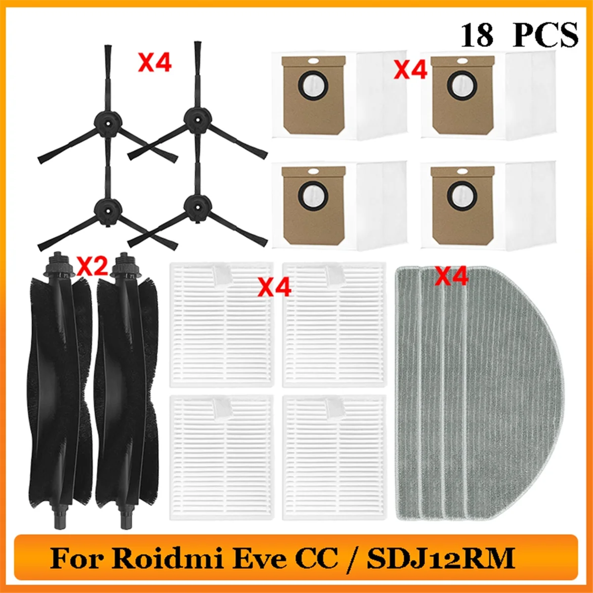 For Roidmi Eve CC / SDJ12RM Robot Vacuum Cleaner Spare Part Main Roller Side Brush Hepa Filter Mop Cloth Dust Bags