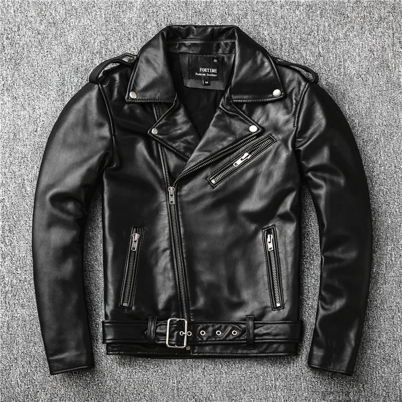 Classical Perfecto Jacket Motorcycle leather Jacket Men 100% Natural Sheepskin Men Black Genuine Leather Coat Slim Moto Jacket