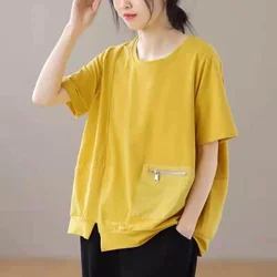 Irregular Design T Shirts Women 2024 Summer Trend Oversized T-shirt Fashion Patchwork Pockets Tshirt 100% Cotton Thin Loose Tops