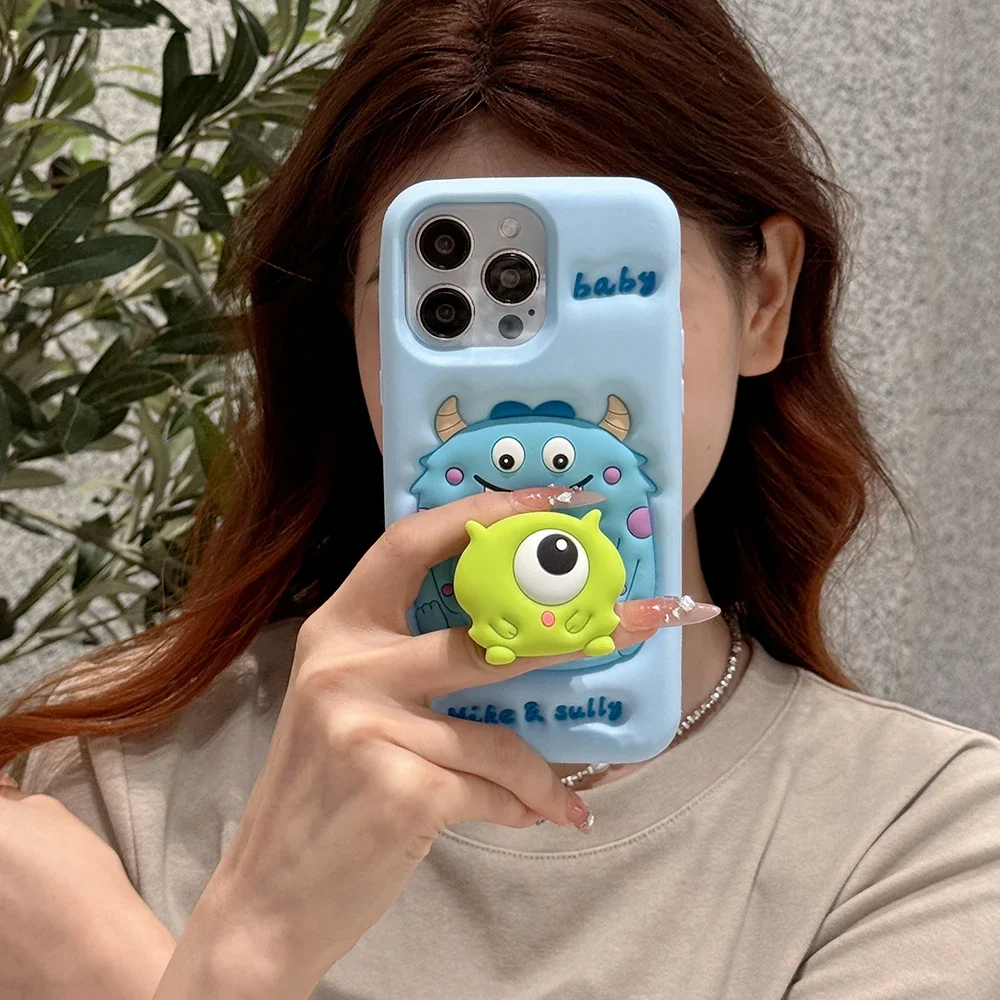 Cute Cartoon Monsters University with Bracket Phone Case for IPhone 16 15 14 13 12 11 Pro Max Plus Soft Silicone Back Cover Gift