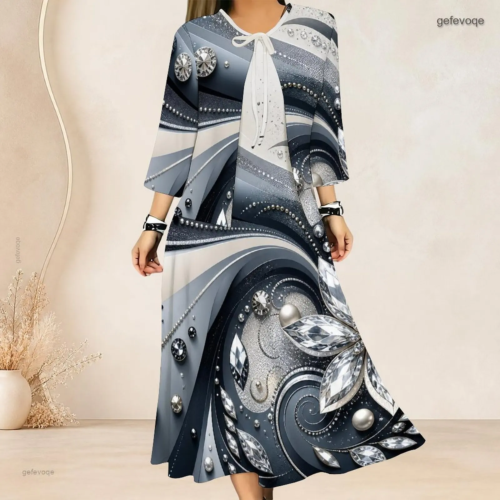 Women 3/4 Sleeve Printed Swirling Faux Gem Pearl Pattern Grey Black White Two Piece Midi Dress Set