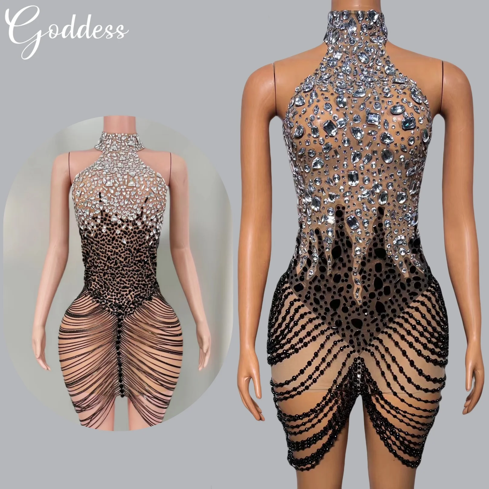 Carnival Bling Rhinestone Halter Neck Dress Tassel Dancing Floor Hot Dance Mini Dress Sexy Showgirl Stage Wear Nightclub Outfit