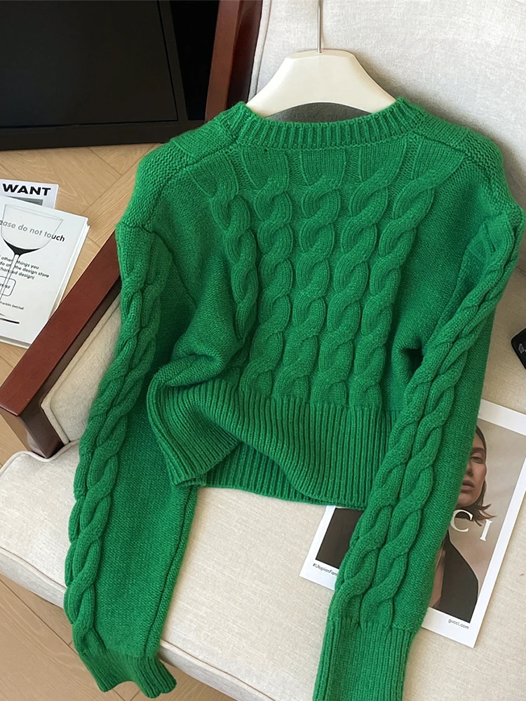 Women Green Pullover Sweater Harajuku Korean Y2k Long Sleeves O-Neck Cashmere Sweaters Jumper Vintage 2000s Clothes 2024 Autumn