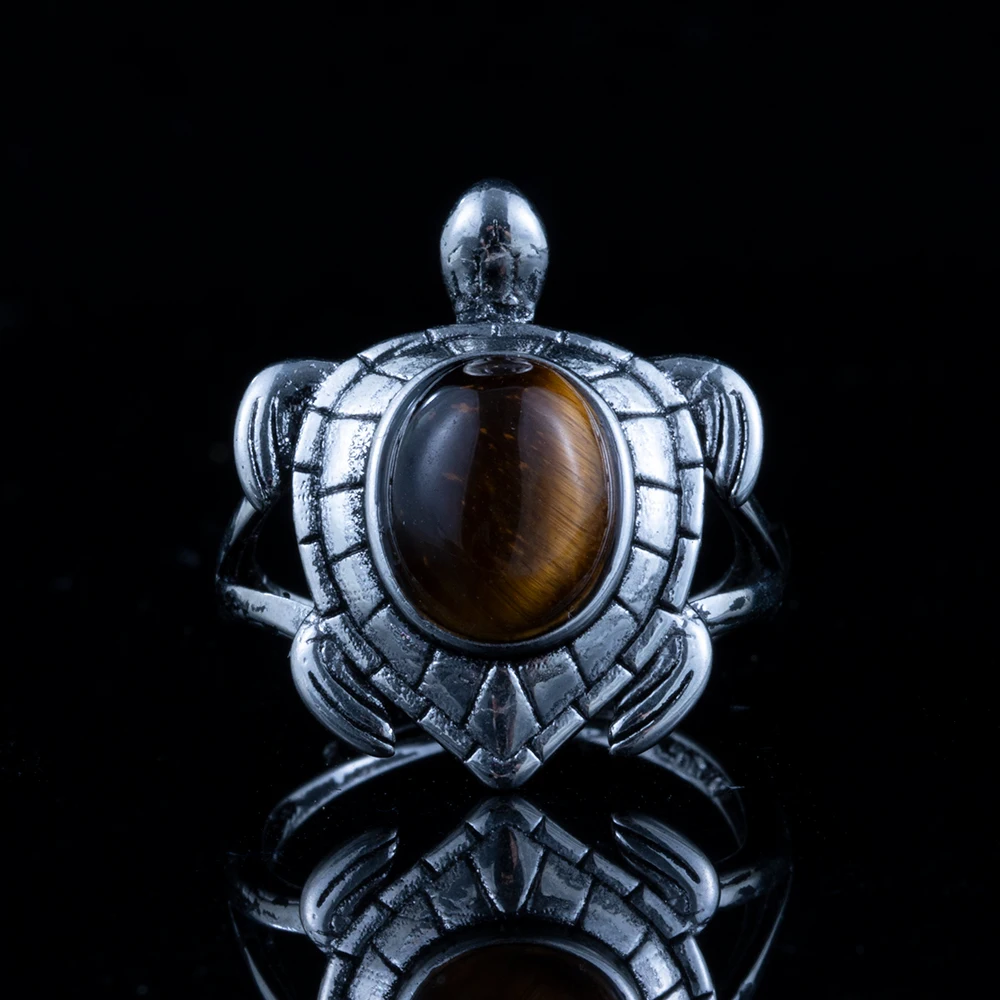 natural stone red jasper amethyst tiger eye retro tortoise style ring for women men adjustable copper-plated 925 silver ring
