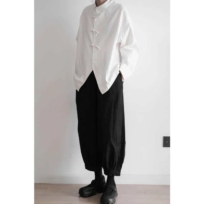 QWEEK Vintage Chinese Style White Shirt Irregular Long Sleeve Oversized Blouse Solid Color Button Up Minimalist Autumn Clothes