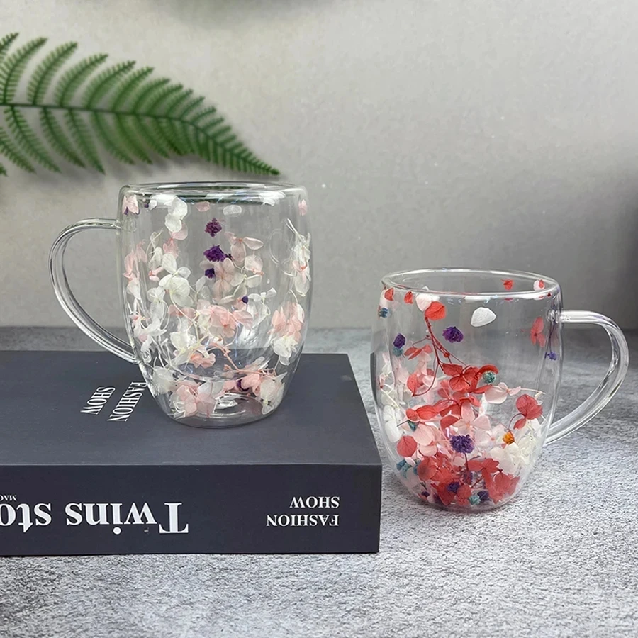 250/350Ml Dubbele Muur Koffiemok Met Handvatten Heldere Melk Bekers Geschenken Hoge Borosilicaat Glazen Beker Vulling Gesimuleerde Bloemen Theekopje