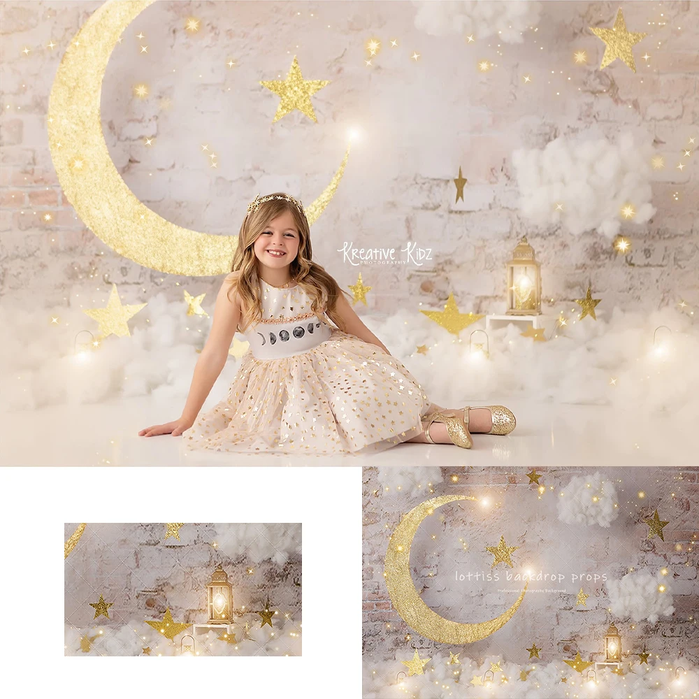 Crescent Moon Backdrops Kids Girl Photography Props Child Baby Cake Smash Birthday Photocall Decors Gold Stars Background