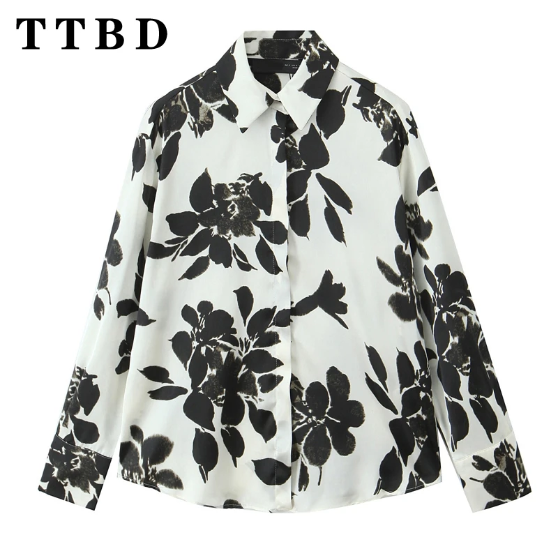 

TTBD 2024 New Autumn Women's Casual Long Sleeve Satin Blouse ladies chic Printing Lace Up Streetwear Fashion Shirt Top