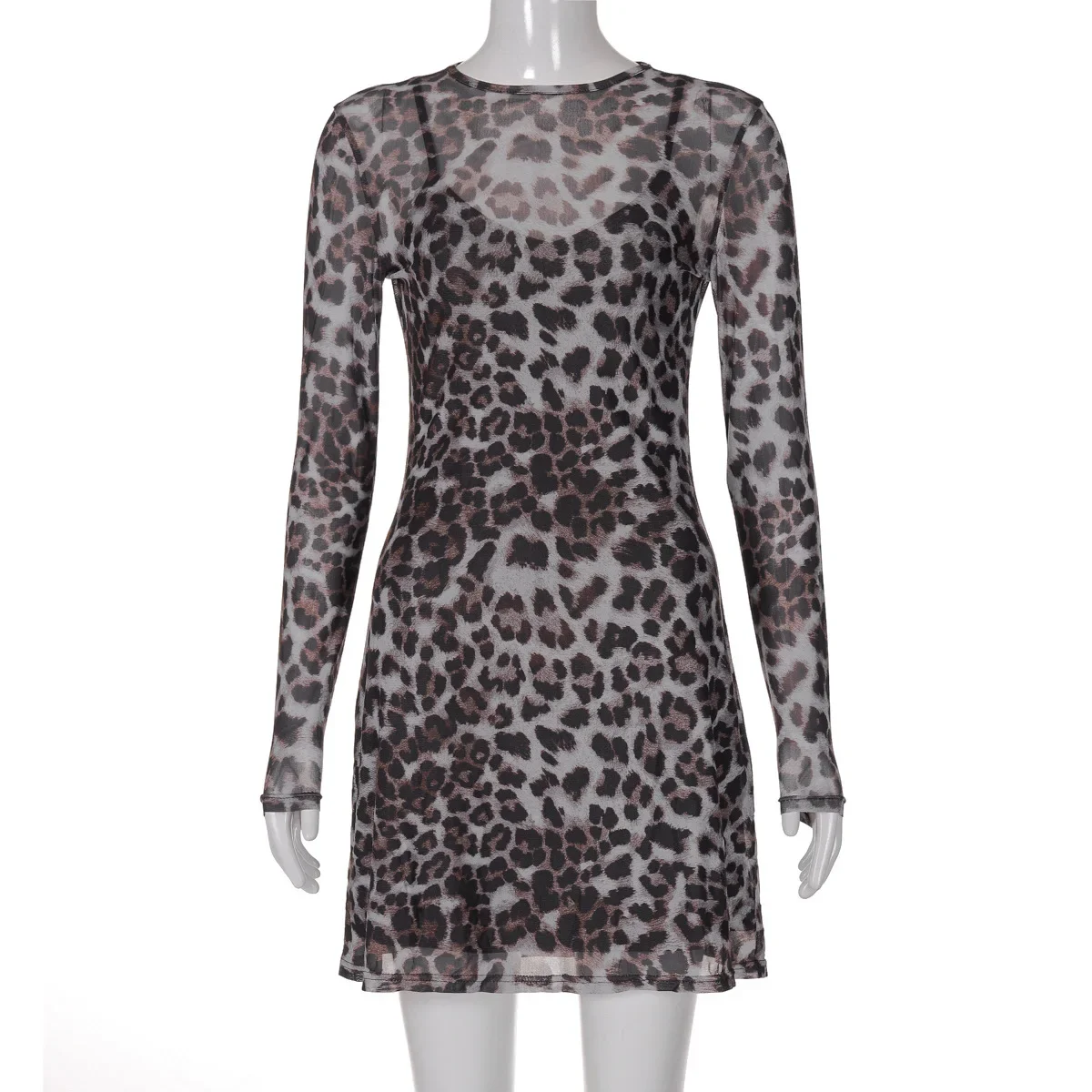 Leosoxs Elegant Leopard Print Long Sleeve Mini Dresses for Women Party Club Autumn Two Piece Sets Outfits Mesh Dress Vestido