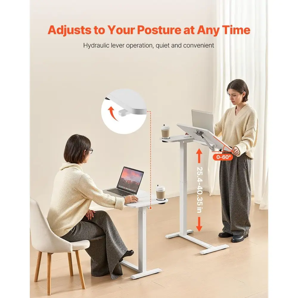 مكتب كمبيوتر محمول متنقل بارتفاع قابل للتعديل مع سطح مائل وحامل أكواب، طاولة محمولة فوق السرير للمنزل والمكتب والدراسة - أبيض #4