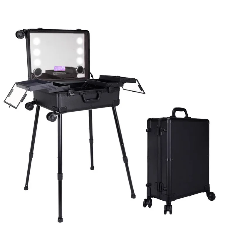 Obox Black Professional Rolling Makeup Case for Artists, Travel Cosmetic Trolley, Beauty Train Case with Fireboard