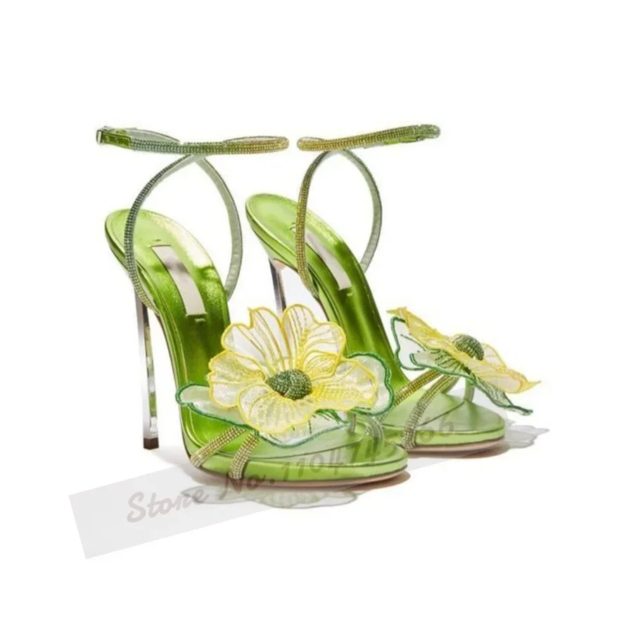 Серебряные сандалии с металлическим лезвием на каблуке и сказочным цветком, женские элегантные фиолетовые, зеленые свадебные туфли-лодочки с сетчатым цветком, туфли с блестящим ремешком и кристаллами