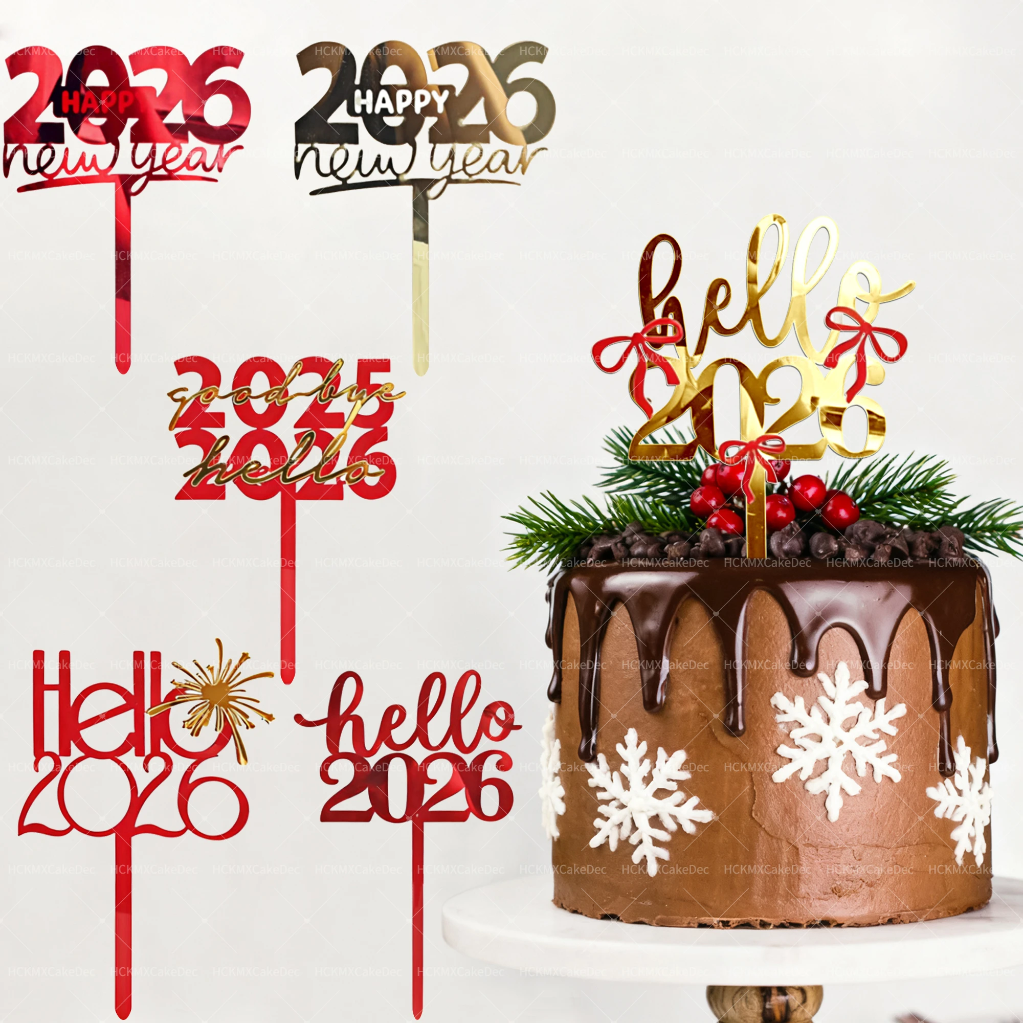 3 Stück Gold Rot Hallo 2026 Acryl Kuchen Topper für Frohes Neues Jahr Frohe Weihnachten Party Kuchen Dekoration Lieferungen