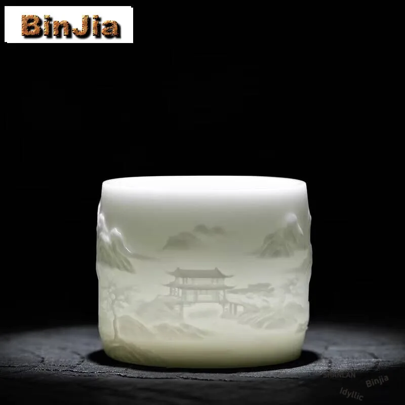 100Ml Mutton Fat Jade Handmade Master Cup Household Relief Landscape Teacup Vintage Set Of Cups Meditation Bowl Cha Ornaments
