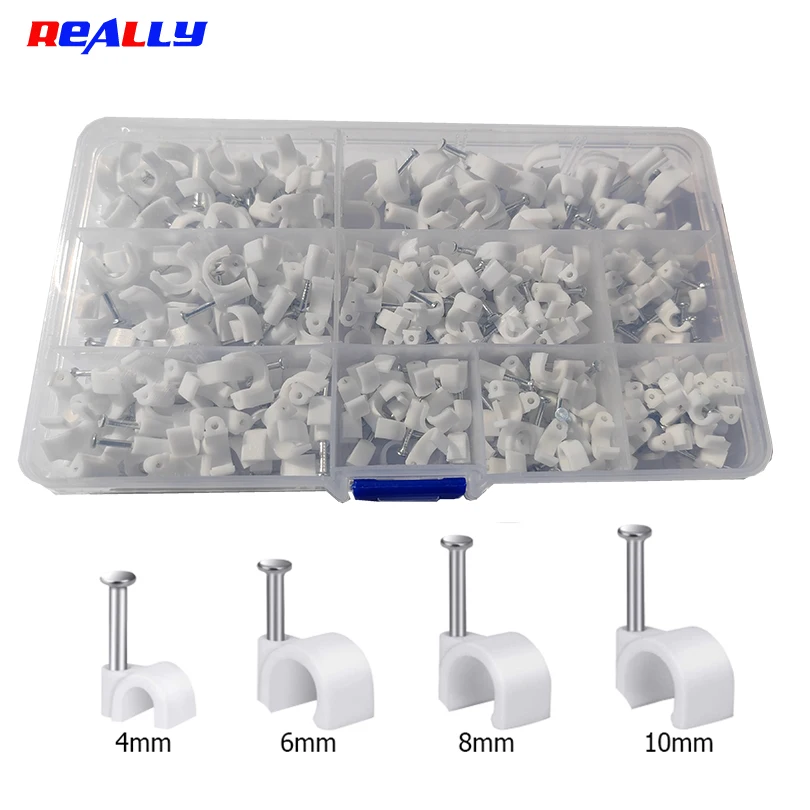 400 szt. 280 szt. Okrągłe klipsy do kabli, organizacja kabli RG6 CAT6 RJ45, uchwyt na przewody elektryczne, okrągłe opaski zaciskowe 4mm 6mm 8mm 10mm