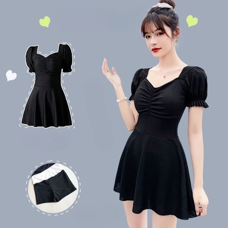 Elegant Black Puff Sleeve One Piece Swimsuit Dress with Ruched Bodice Flared Skirt Modest Swimwear for Beach Pool Vacation
