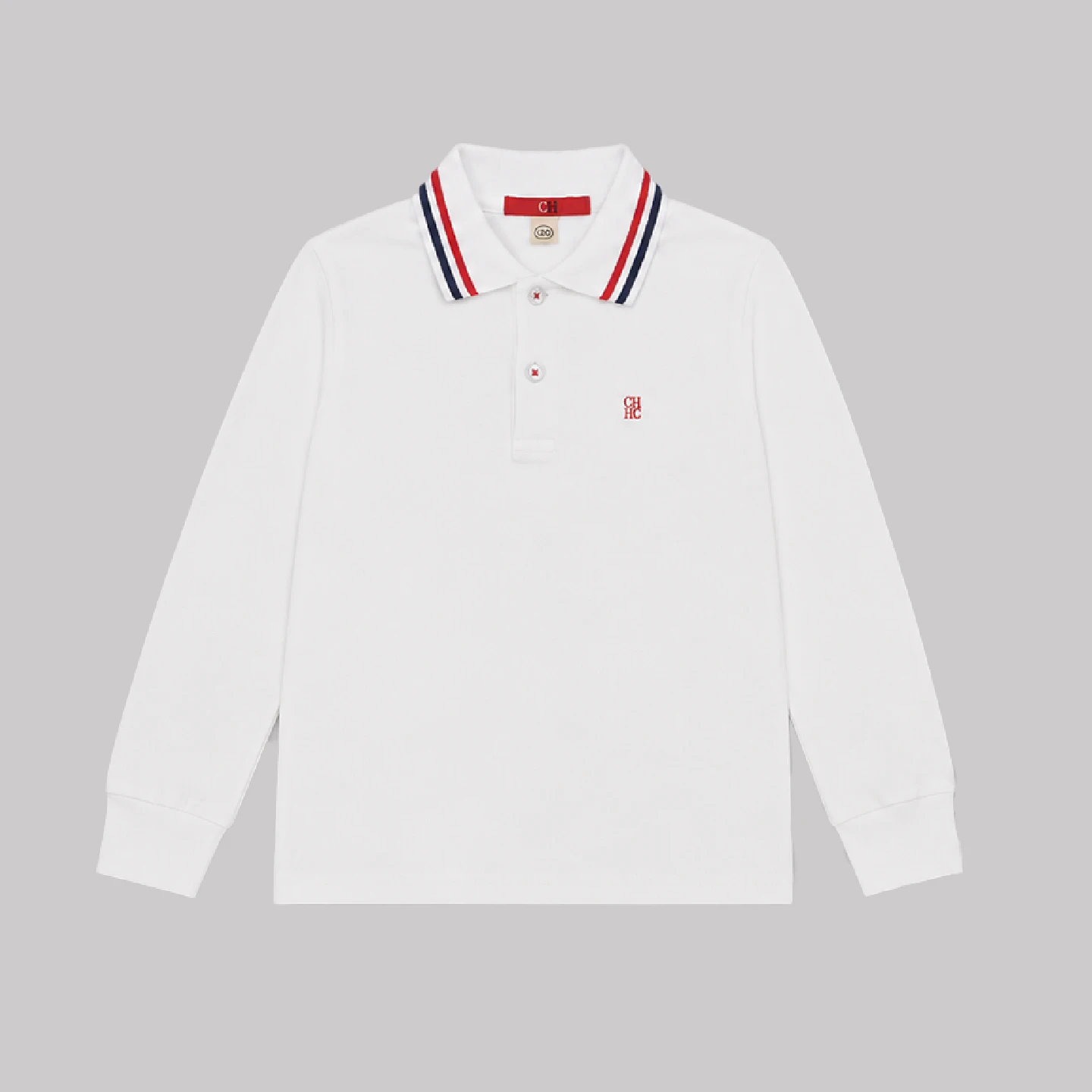 CH Kids White Long Sleeve Polo Shirt Striped Collar CH Embroidery Soft Cotton Kids School