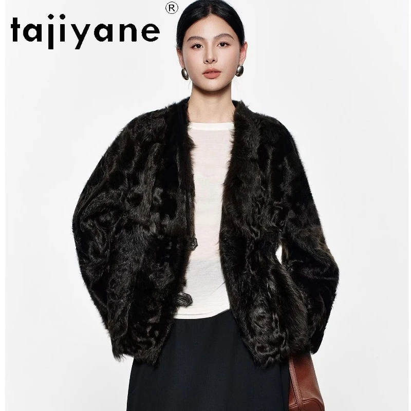 سترة TAJIYANE 100% من جلد الغنم مع الصوف المرفق للنساء معطف فرو حقيقي قابل للعكس برقبة على شكل حرف v ملابس نسائية شتوية