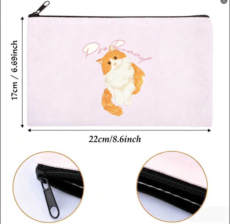 1PC Cute Fluffy Orange Cat Handwritten Script Canvas Zipper Pouch Travel Makeup Coin Stationery Storage Bag