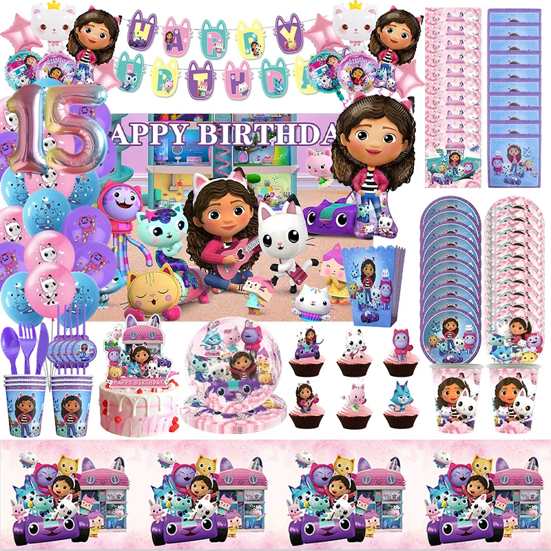 Gabby Dollhouse Birthday Party Decorations Gabby Cats Paper Plates Cups Napinks Tableware Balloons Backdrop Baby Shower Supplies