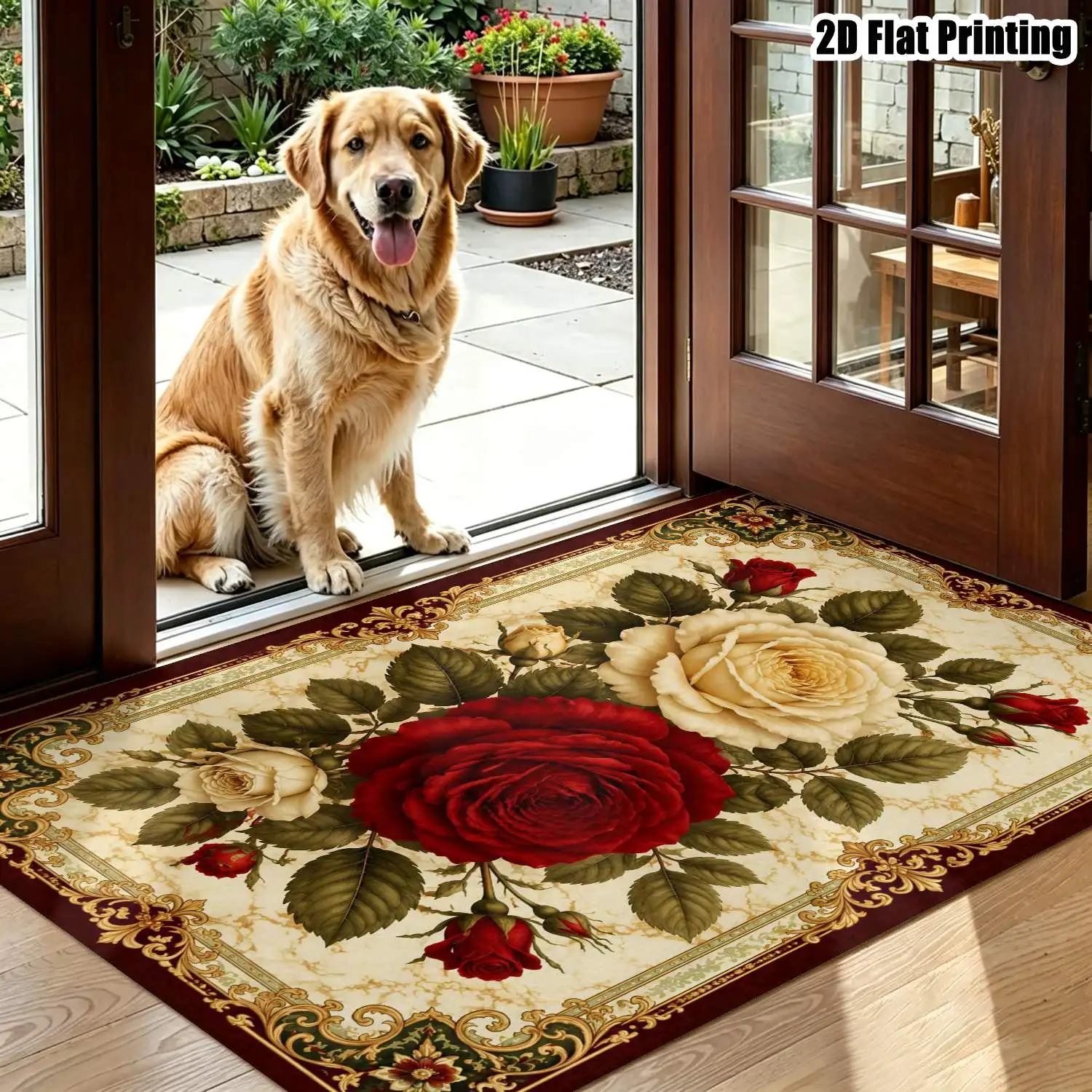 1Pc 2D Printed Carpet: Red-White Rose Floral Pattern, European/Vintage/Bohemian/Geometric Style, Home Decor, Multiple Sizes, Machine Washable, for Entrance, Dining Room, Foyer, Bedroom, Living Room