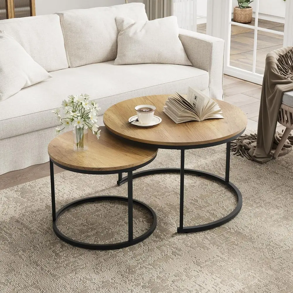 

Round Coffee Table Set of 2, 27.6 Wood Grain Top with Adjustable Non-Slip Feet, Suitable for Industrial, Living Room, Bedroom, B
