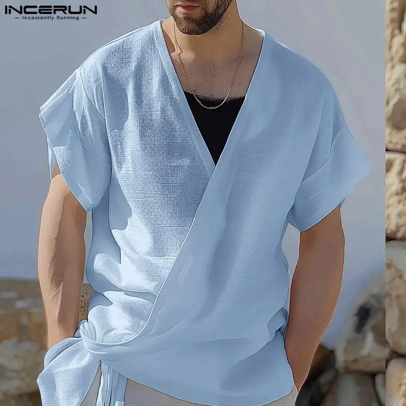 

INCERUN Tops 2024 American Style Mens Tie Up V-neck Design Shirts Leisure Streetwear Male Solid Color Short Sleeved Blouse S-5XL